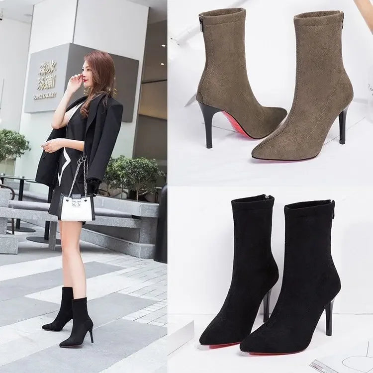 2024 Women Boots Short High Heels Shoes for Women Autumn Suede Imitation Leather Ankle Boots Black Sock Women Heels Boots Female