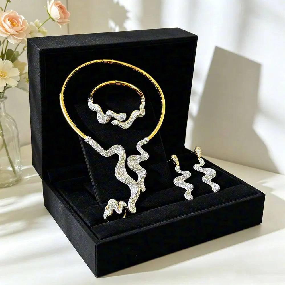 GODKI Luxury 4PCS Wave Design Nigeria Bangle Ring Necklace Earrings Sets For Women Wedding Zircon Dress Necklace Earring Sets