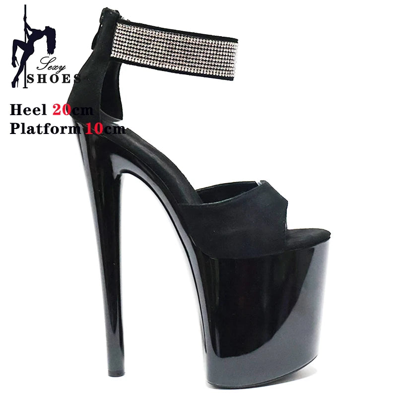 New High-heeled 20cm/8inchs Sandals Women Summer Strap Thin Heel Black Sandals Stripper Pole Dance Dress Models Nightclub Shoes