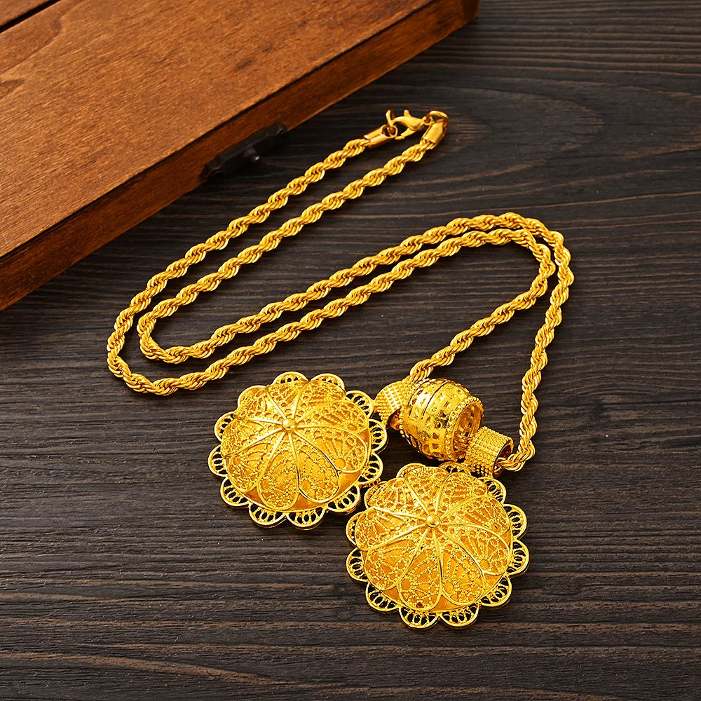 Luxury Golden Plated Bridal Jewelry Sets for Women Ethiopian Pendant Hairpin Necklace Earrings Bangle Ring Wedding Gift