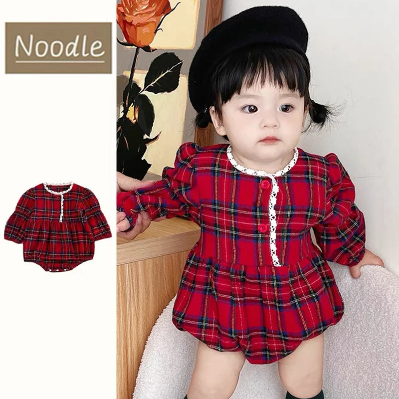 2025 Christmas New Infant Baby Girl Bodysuits Lace Cotton Red Grid Newborn Baby Girl Jumpsuit New Year Party Children Clothes