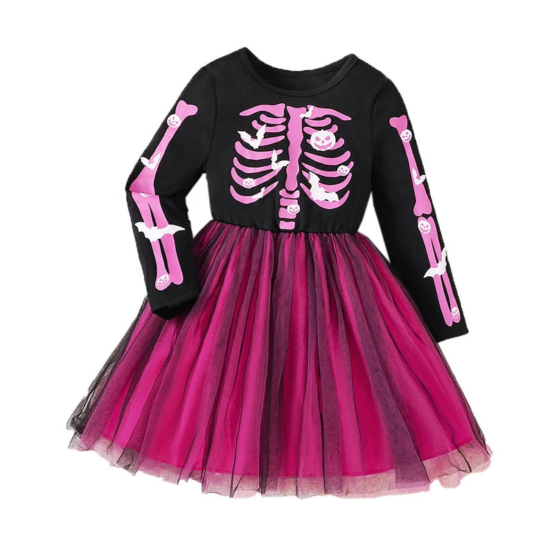 Girls Halloween Dress 2-7 Years Rainbow Skeleton Costume with Glow-in-Dark Print Toddler Party Dress for Witch Party & Cosplay