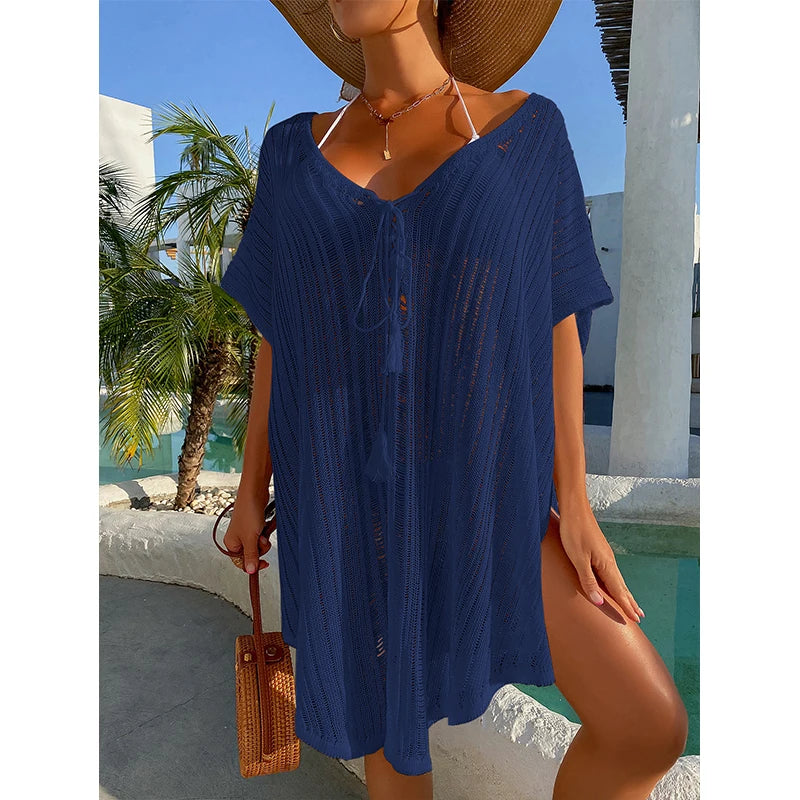 Knitting Binding Rope Bikini Cover Up Sexy Hollow Loose Dress Female Summer Swimsuit Beach Sunscreen Smock Dress