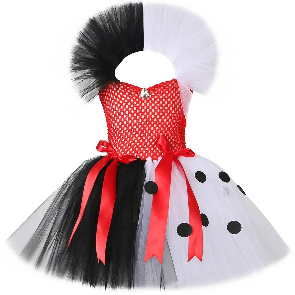 Halloween Crulla Cosplay Costume Cruella Tulle Dress Party Girls Black White Carnival Kids Cruella Wig Lace Mask Suit Clothes