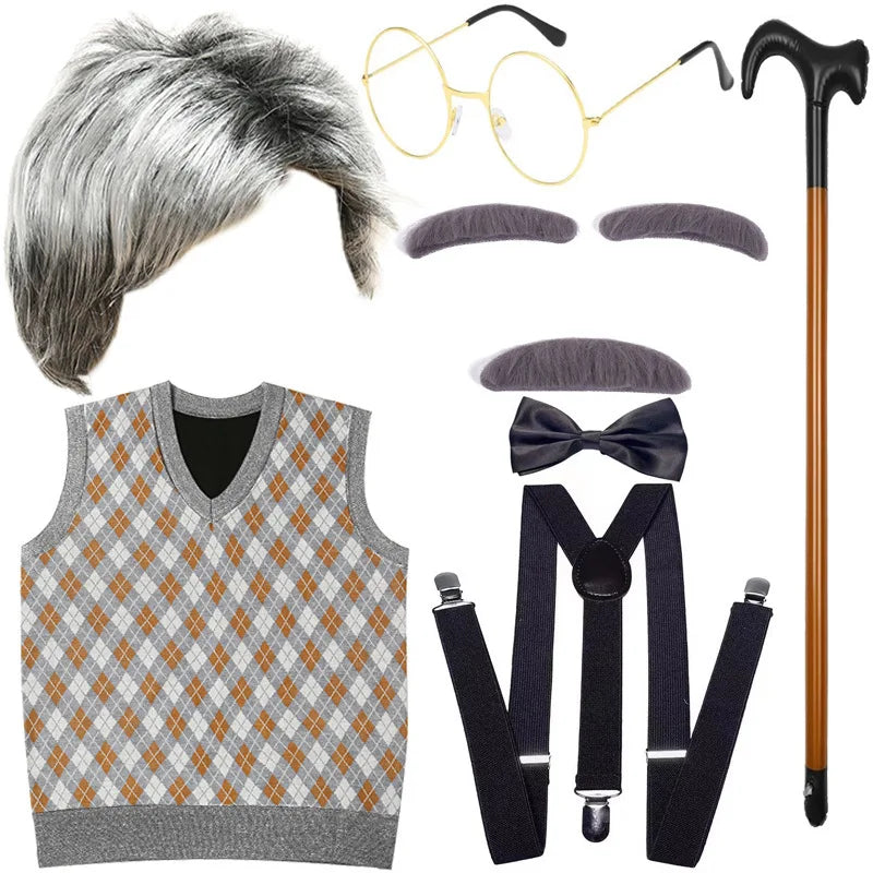 Halloween Children's Day Kids 100 Days Of School Costume For Boy Grandpa Vest Wig And Beard Granny Dress Up Props Carnival Party