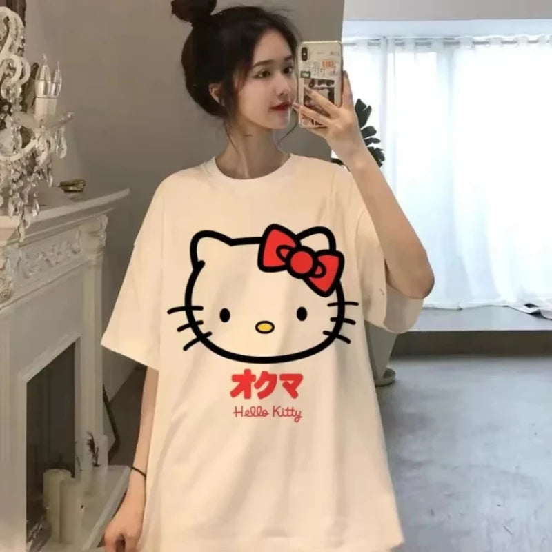 Kawaii Hello Kitty Children's Y2K Korean Cotton Tops Anime Kawaii Summer Loose Oversized Women's Couples Fashion Cotton T-shirt