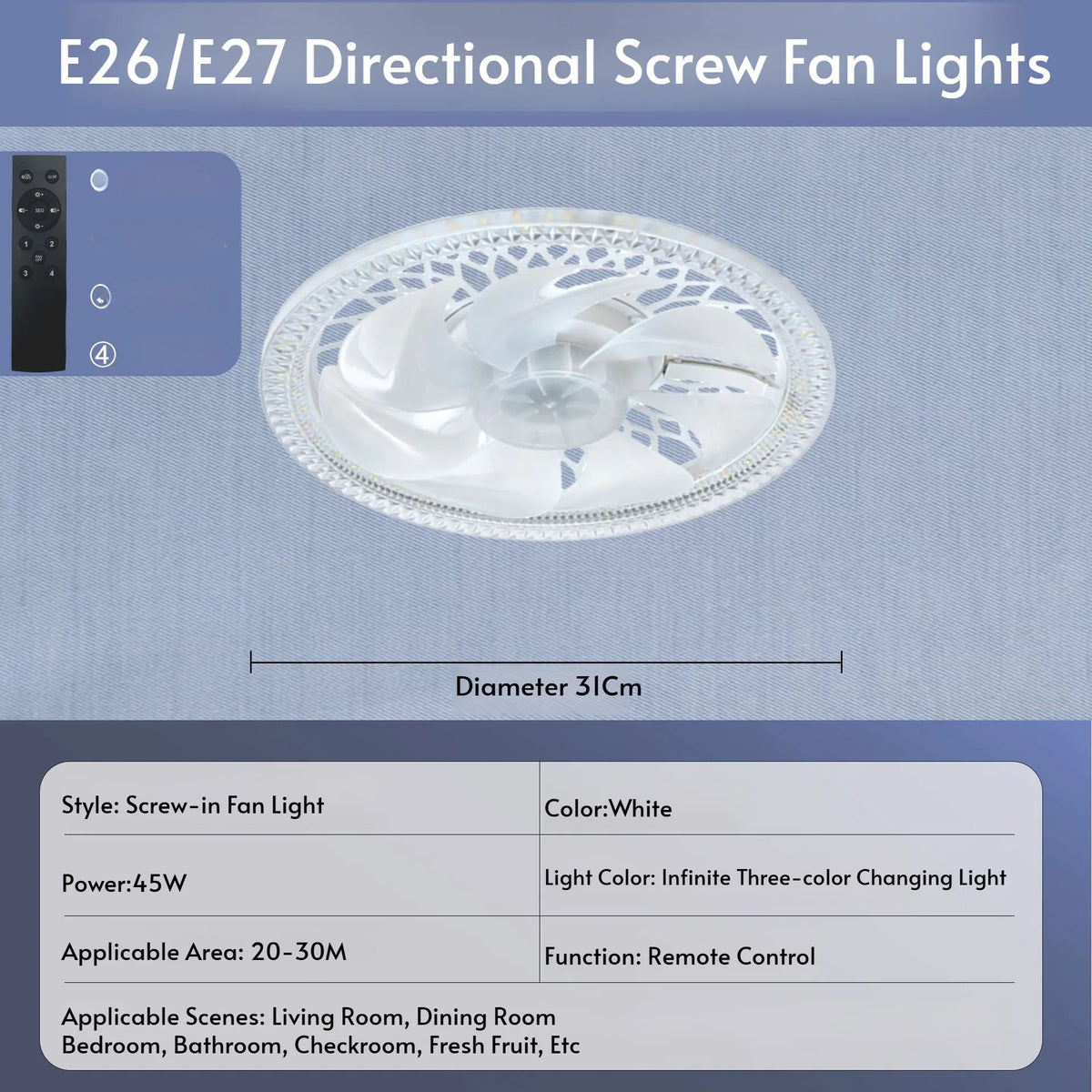 Led Fan Light Smart Remote Control Ceiling Fan With Light E27 For Living Room Converter Base Dimmable 4 Adjustable Wind Speed