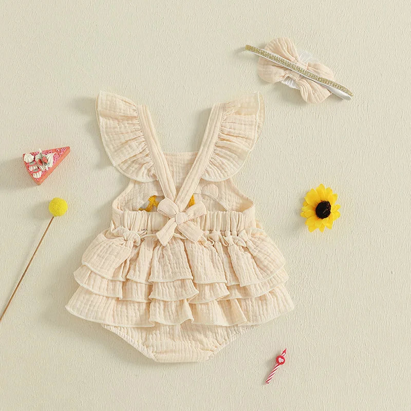 Newborn Baby Girls 1st Birthday Romper Dress Summer Cute Daisy Letter Embroidery Fly Sleeves Ruffles Jumpsuit and Headband Set