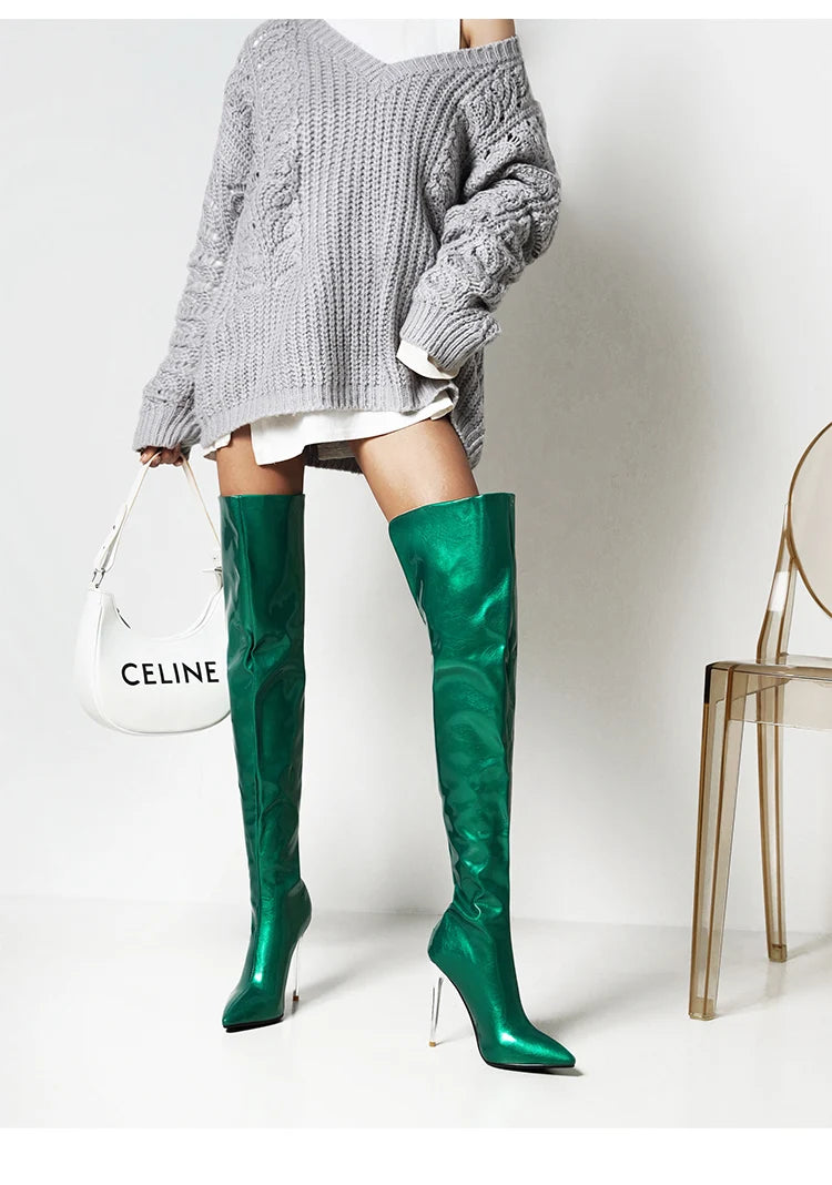 Long Boots for Women Dark Blue Pointed Toe Metal Stiletto Heel Patent Leather Over-the-Knee Female Shoes Large Size Short Plush