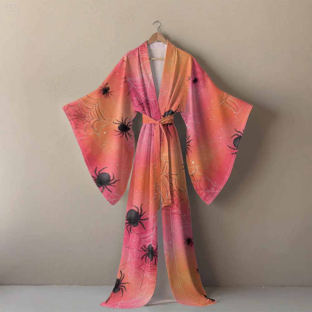 Halloween Sexy V-Neck Robe with Ghost Print High Slit & Bat Sleeves Kimono - Women's Party Costume Funny Cool Cosplay Wear