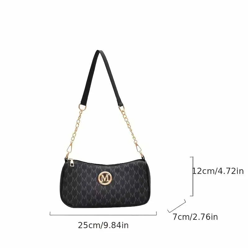 Fashion Ladies Geometric Print Chain Underarm Bag Metal Logo Decor Lightweight Shoulder Crossbody Handbag for Daily Use