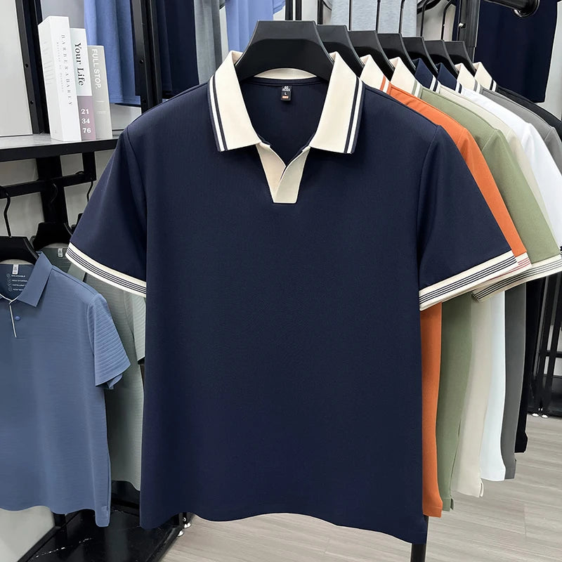 Light luxury summer new short sleeve polo shirt silky breathable high-end men's fashion personalized color blocked lapel T-shirt