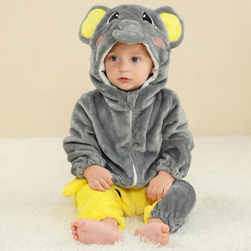 MICHLEY Halloween Elephant Winter Baby Rompers Clothes Costume Flannel Hooded Bodysuits Pajamas Animals Jumpsuit For Boys Bebe