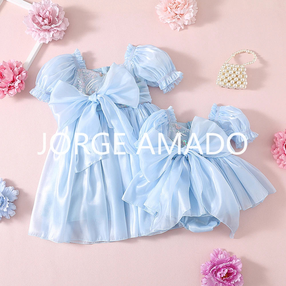 New Summer Sister Girl Matching Romper Dress Short Sling Sleeves Big Bow Bodysuit Sequined Princess Dresses Twins Clothing H1518