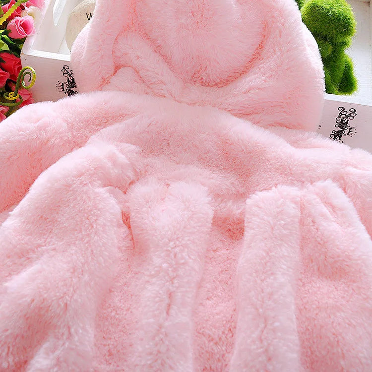 Winter Kids Jacket Newborn Girls Clothes Korean Cartoon Cute Hooded Thick Warm Fake Fur Fleece Pink Baby Tops Toddler Coat BC719