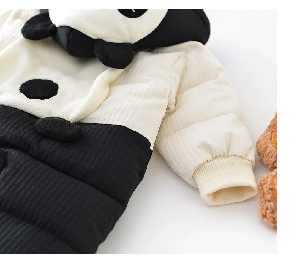 2024 Winter Baby Long Sleeve Warm Hooded Romper Cute Panda Print Newborn Plus Velvet Thick Jumpsuit Infant Girl Boy Warm Clothes