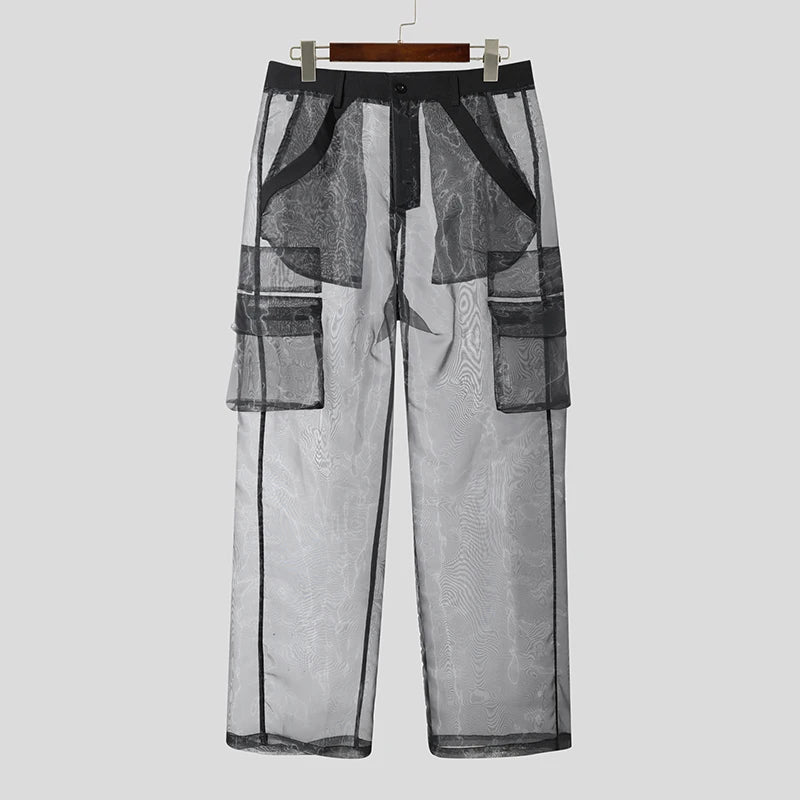INCERUN Men Pants Mesh Gradient Button Joggers Straight Trousers Men Joggers Streetwear Pockets Oversize Fashion Long Pants 2026