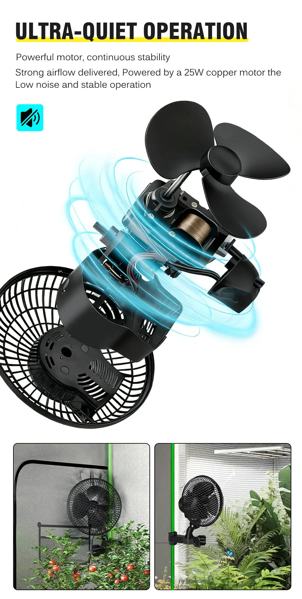 Plant Tent Cooling Clip-On Fan 25W Two-Speed Adjustable Shaking Head Suitable for Tents Household Cooling Fan