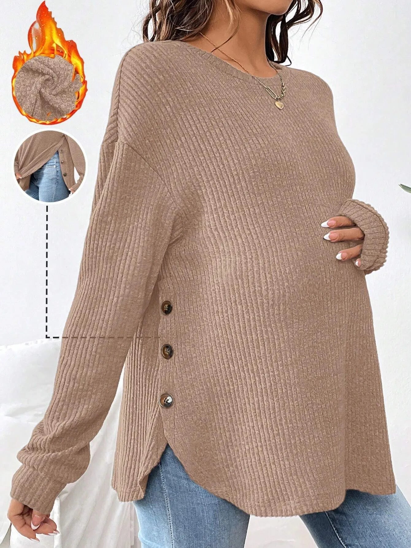 Pregnant Women's New Top For Autumn And Winter Casual Pullover Round Neck Long Sleeved Button Sweater