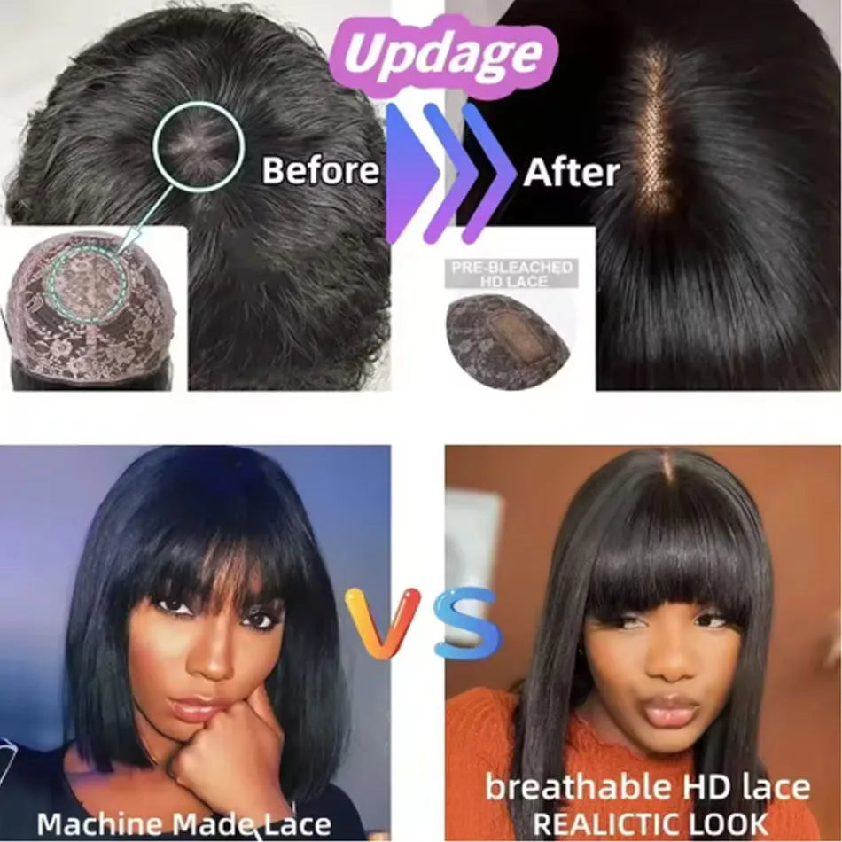Straight Human Hair Wigs With Bangs Fringe 3X1 Part Lace Bob Wigs Realistic Scalp Brazilian Straight Virgin Bob Wigs With Bangs