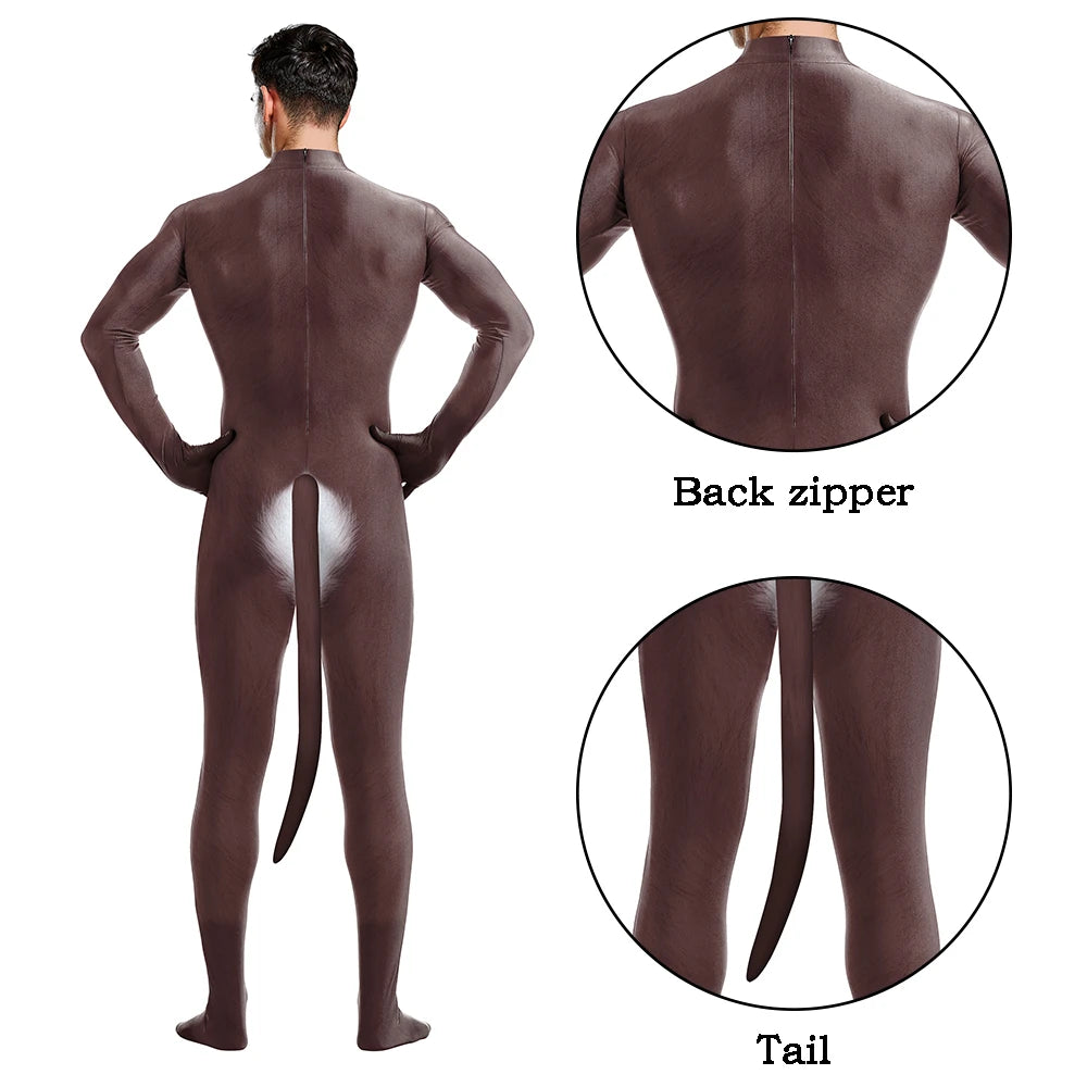 Halloween Cosplay Costume Male Adult Full Cover Elastic Zentai Pet Suit Jumpsuit Print Catsuit Bodysuits with Tail Purim Clothes