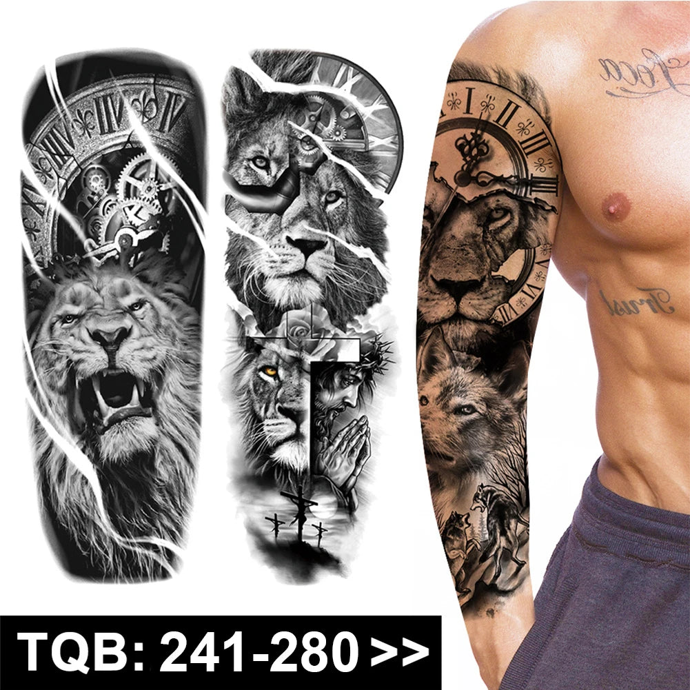 Large Arm Sleeve Tattoo Rose Gear Clock Eye Waterproof Temporary Tatto Sticker Lion Wolf King Body Art Full Fake Tatoo Women Men