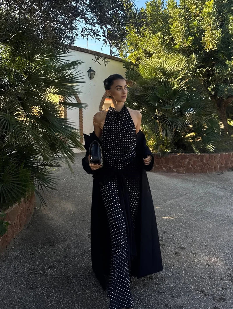 Blifanbo Polka Dot Halter Backless Sexy Maxi Dress Women Gown Ribbon Patchwork Off-shoulder Sleeveless Fashion Club Party Dress