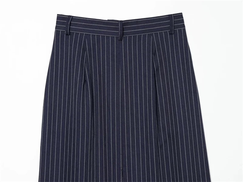 Women's A-line Skirt 2026 Summer New Style Navy Blue Striped High-Waist Slit Decorative Straight Long Skirt Elegant and Stylish