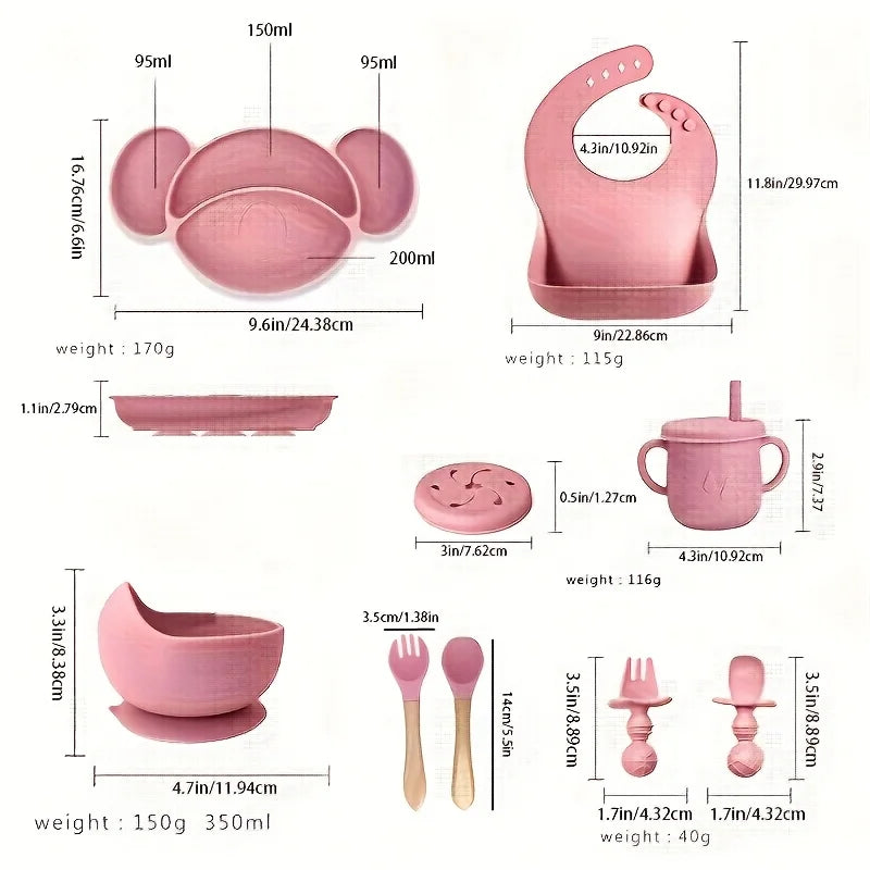 9-piece silicone feeding tableware set for babies and mothers, specially designed for babies to learn to eat