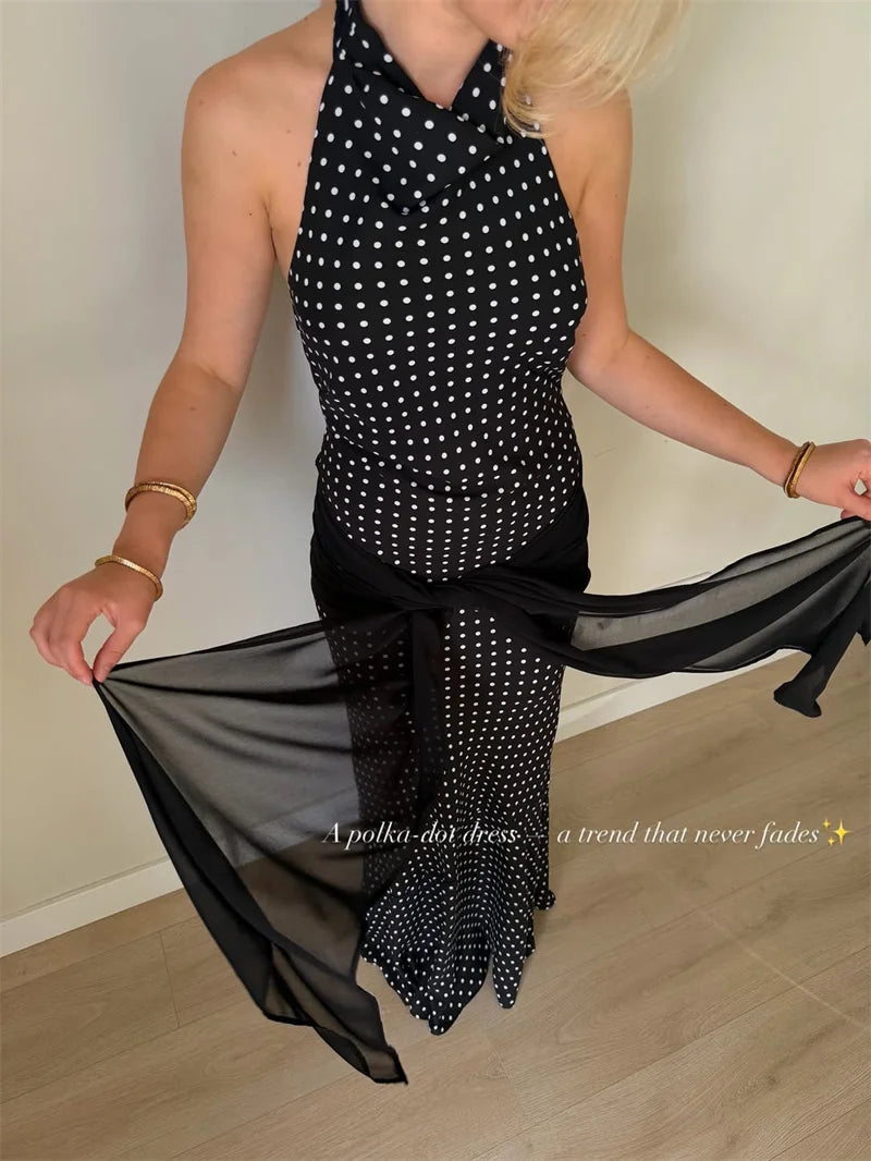 Blifanbo Polka Dot Halter Backless Sexy Maxi Dress Women Gown Ribbon Patchwork Off-shoulder Sleeveless Fashion Club Party Dress