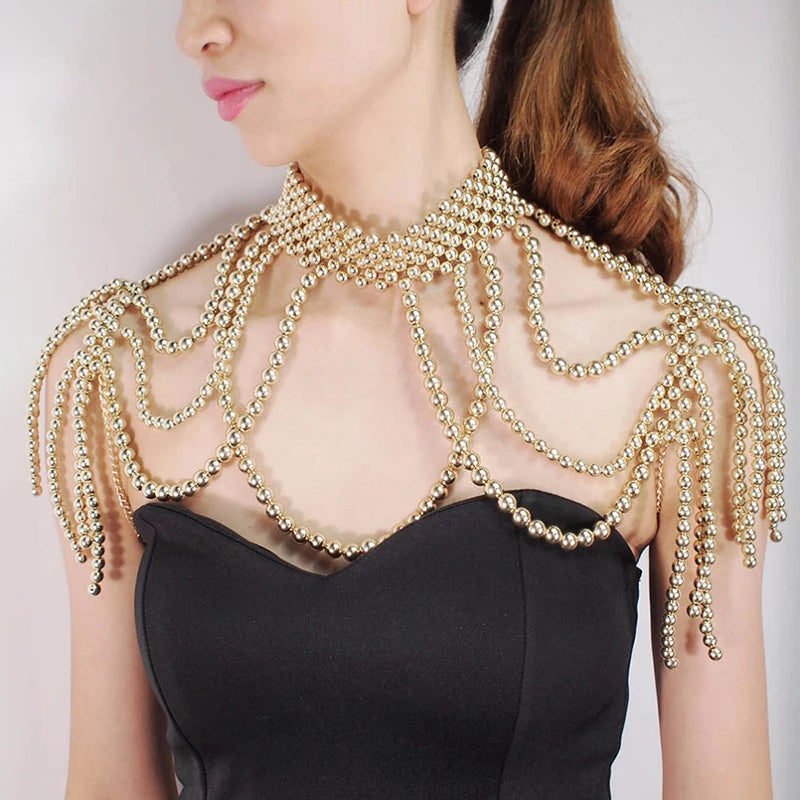 Fashion Pearl Shoulder Chain Jewelry Wedding Party Big Necklace Sweater Chain Shoulder Chain Wedding Accessories Gift for Women