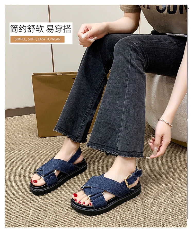 Denim Cross-strap Thick Sole Sandals Women 2025 New Summer Platform Shoes  Woman Outdoor Casual Sports Beach Shoes Slippers
