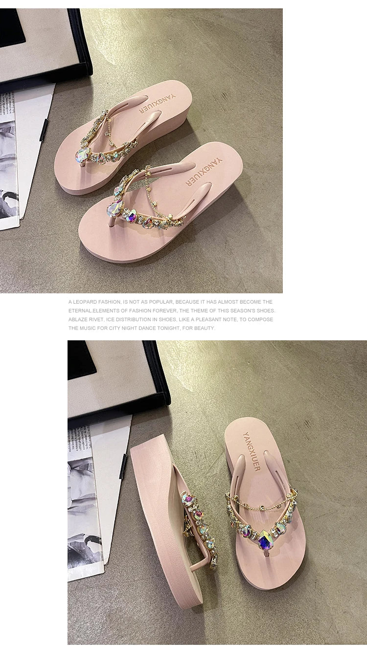 Rhinestone Chain Summer Flip Flops Sandals Women Comfortable Beach Shoes Non-slip Soft Bottom Casual 5cm Heels Wedges Slippers