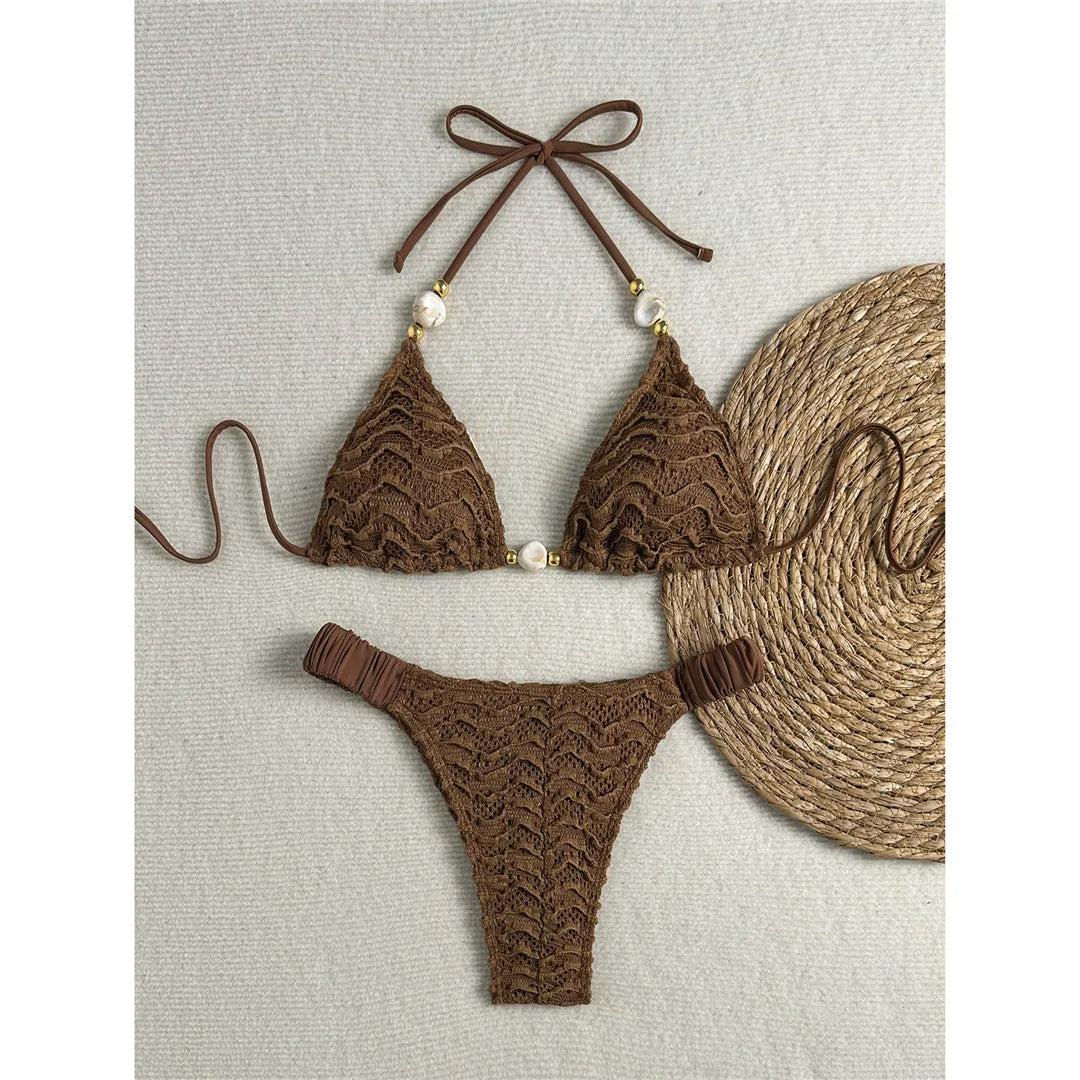 2026 Wrinkled Crinkled Halter Bikini Women Swimwear Female Swimsuit Two-Pieces Bikini Set Padded Bather Bathing Suit Swim V8135