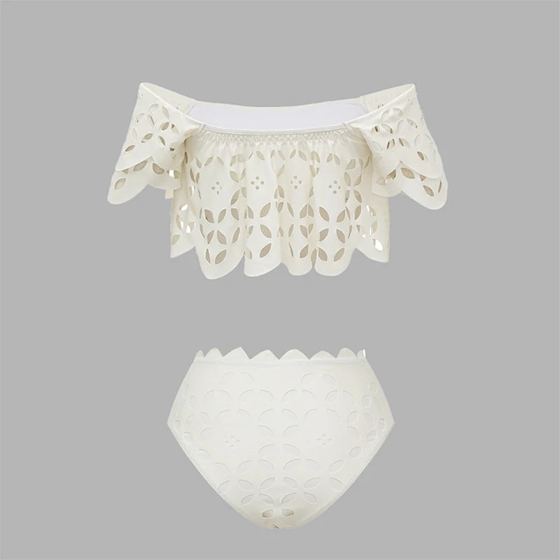 Flaxmaker Sexy Strapless Hollowed Bikini Swimsuit Solid Sleeveless Vest Straight Skirt Suit Female Summer Chic Casual Sets