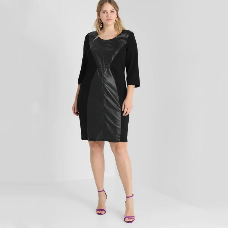 Plus Size Elegant Office Dress Women Quarters Sleeve Knee Length Solid Black Pu Dress Ladies Large Size Sheath Spring Dress 6XL