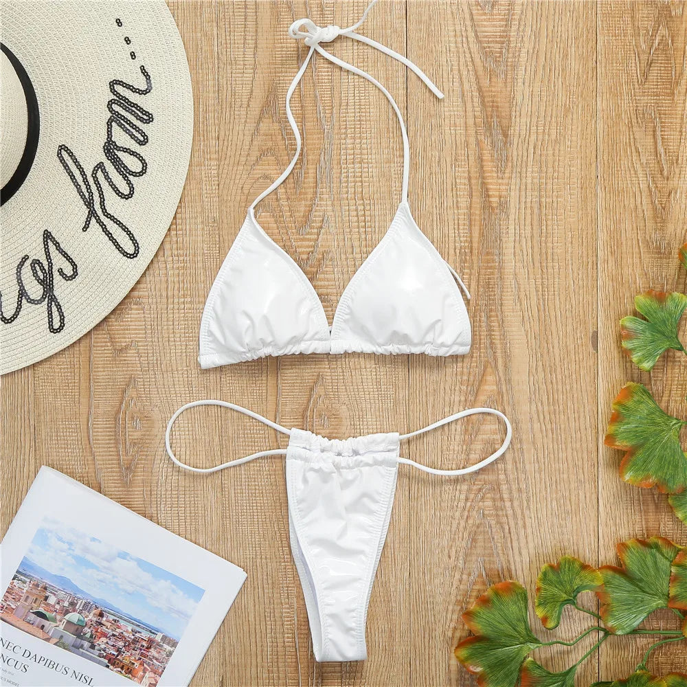 Shiny PU Mini Micro Bikini 2025 Women Swimsuit Female Brazilian Swimwear Two Pieces Bikini Set High Cut Bathing Suit Swim Lady