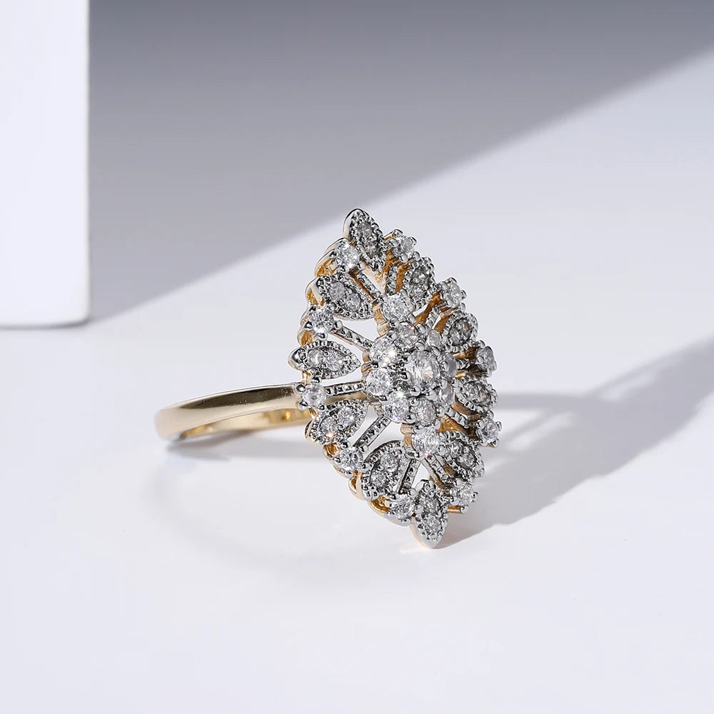 Flower hollow design inlaid with zircon two-tone hoop earrings and ring set fashion jewelry wedding party holiday accessories
