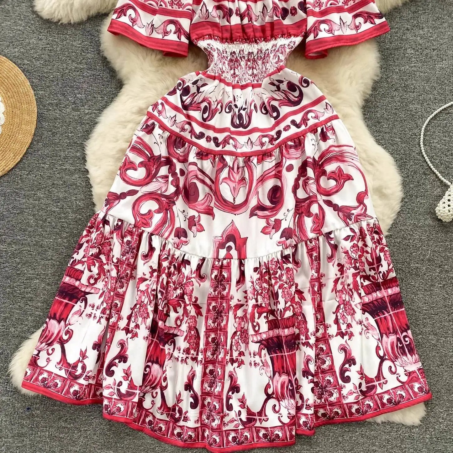JAMERARY Summer Runway Blue White Porcelain Print Midi Dress Women's Straps Flare Sleeve Elastic Waist Cotton Floral Vestidos