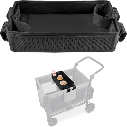 Double Sided Stroller Tray for Snacks & Activities Featuring Faux Leather Side for Eating, Polyester Side for Activities
