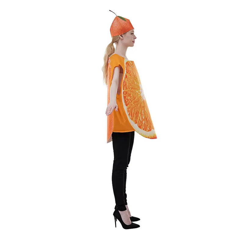 Halloween fun fruit slice costume for adults - wearing an orange outfit as a vegetable at a party in a bar for a performance.