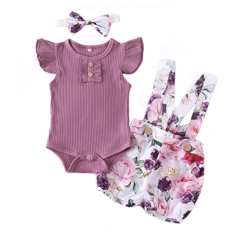 Summer Baby Girl Clothes Set Fashion Newborn Infant Knitting Cotton Ruffles Romper Shorts Bow Headband 3Pcs For Toddler Outfits
