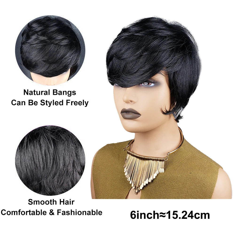 Pixie Cut Straight Black Human Hair Short Bob Wig Cheap Remy Human Hair For Black Women Full Machine Made Wig For Daily Use