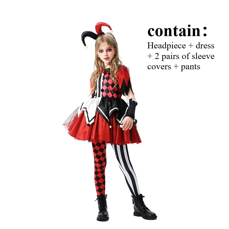 Halloween Cosplay Costumes Horror Clown Dresses Pants Headwear Clothes Sets Carnival Theme Party Role Playing Outfits for Girls