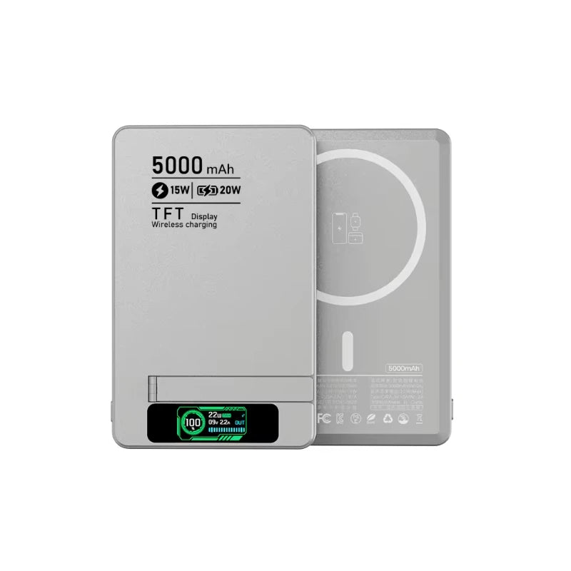 5000/10000mAh Slim and Portable Magnetic Power Bank with Bracket TFT Digital Display Wireless Fast Charging for Phones Watches