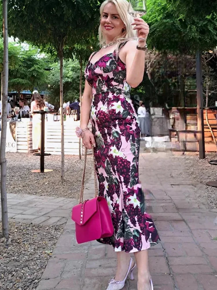 HXAO Women's Dress Fruit Print Slip Dress Summer 2025 Print Long Dresses Luxury Cocktail Dress Chic Sleeveless Backless Vestidos