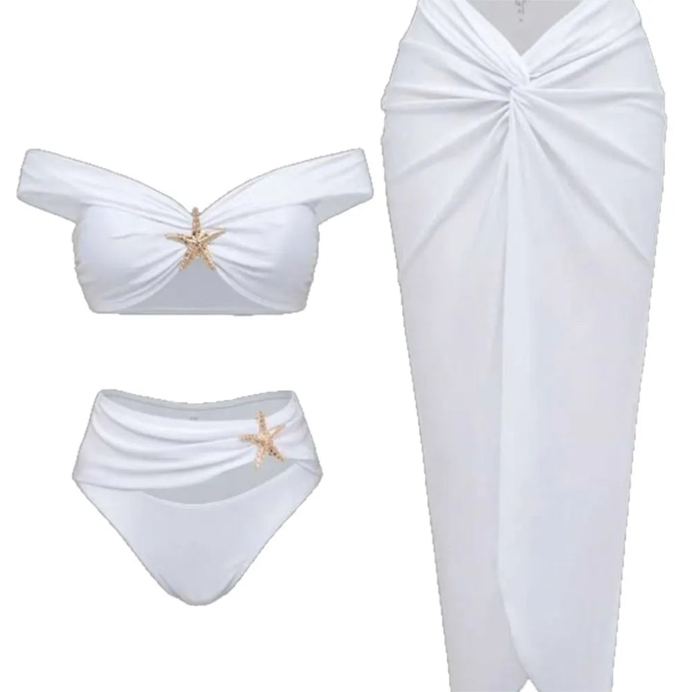 New Women's Clothing Starfish Bikinis Sets Solid Color Swimsuit Long Skirt Three Piece Simple Style Temperament Simple Style