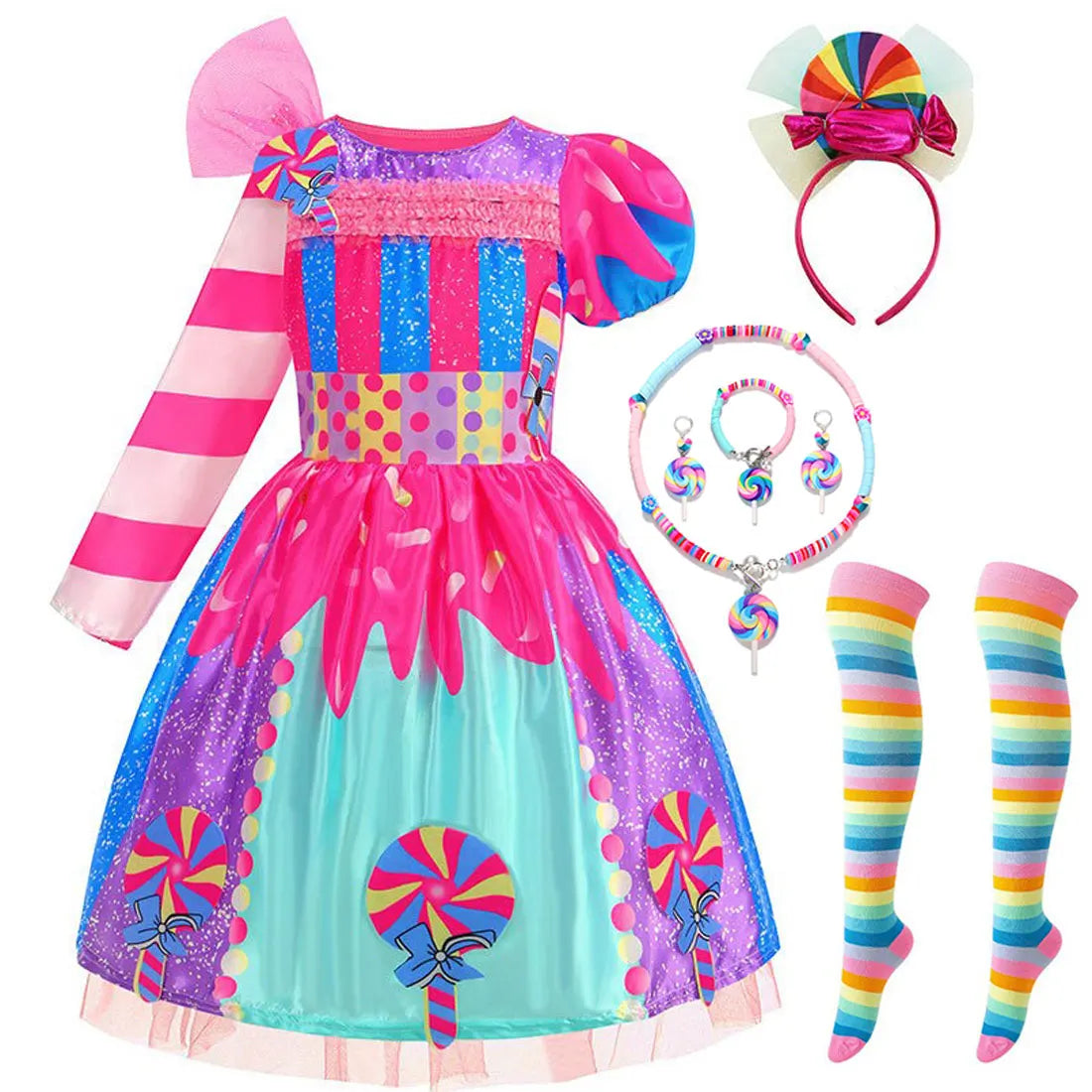 Purim Girls Rainbow Vestidos Candy Fairy Lollipop Cosplay Costume Toddler Girls Birthday Party Carnival Long Short Sleeves Dress
