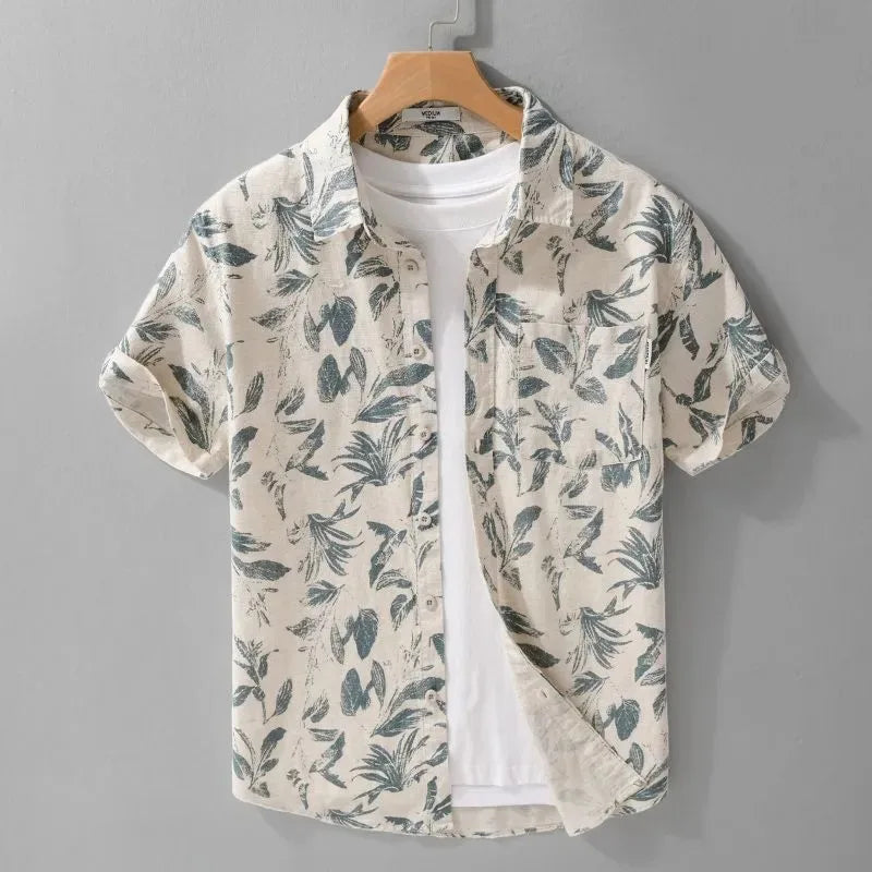 Vacation Leaf Print Linen Blend Short Sleeve Shirt Mens Lapel Casual Breathable Top