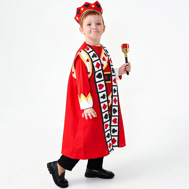 Kids King of Hearts Costume, Red Poker King Cosplay Outfit for Boys Halloween Carnival Party with Crown